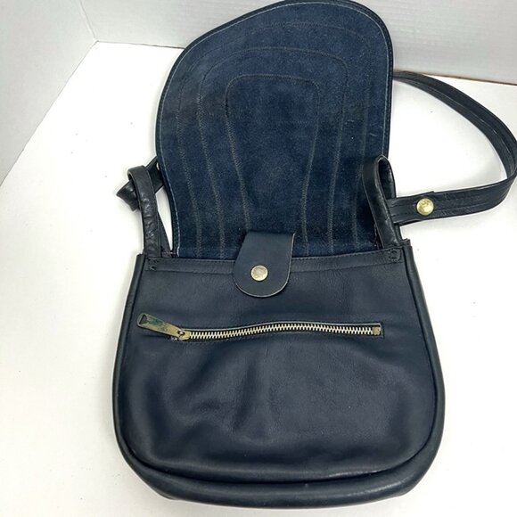 Vintage Navy Blue Leather Shoulder Bag Medium Horseshoe Shape Western Boho Rodeo - Picture 12 of 12